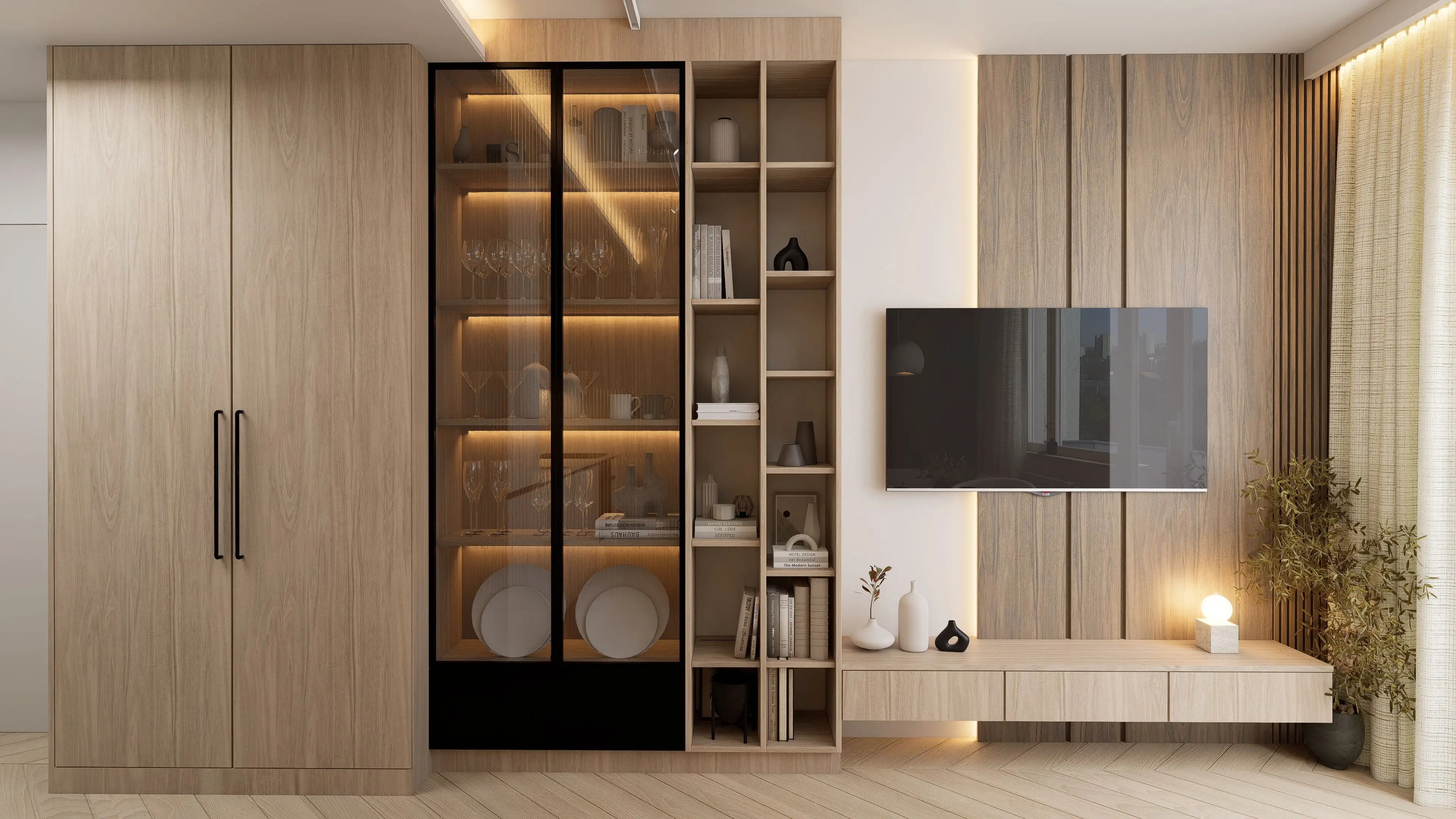 Projektowanie Wnętrz Elbląg - JAVA Architekci - Ściana telewizyjna w salonie w Elblągu